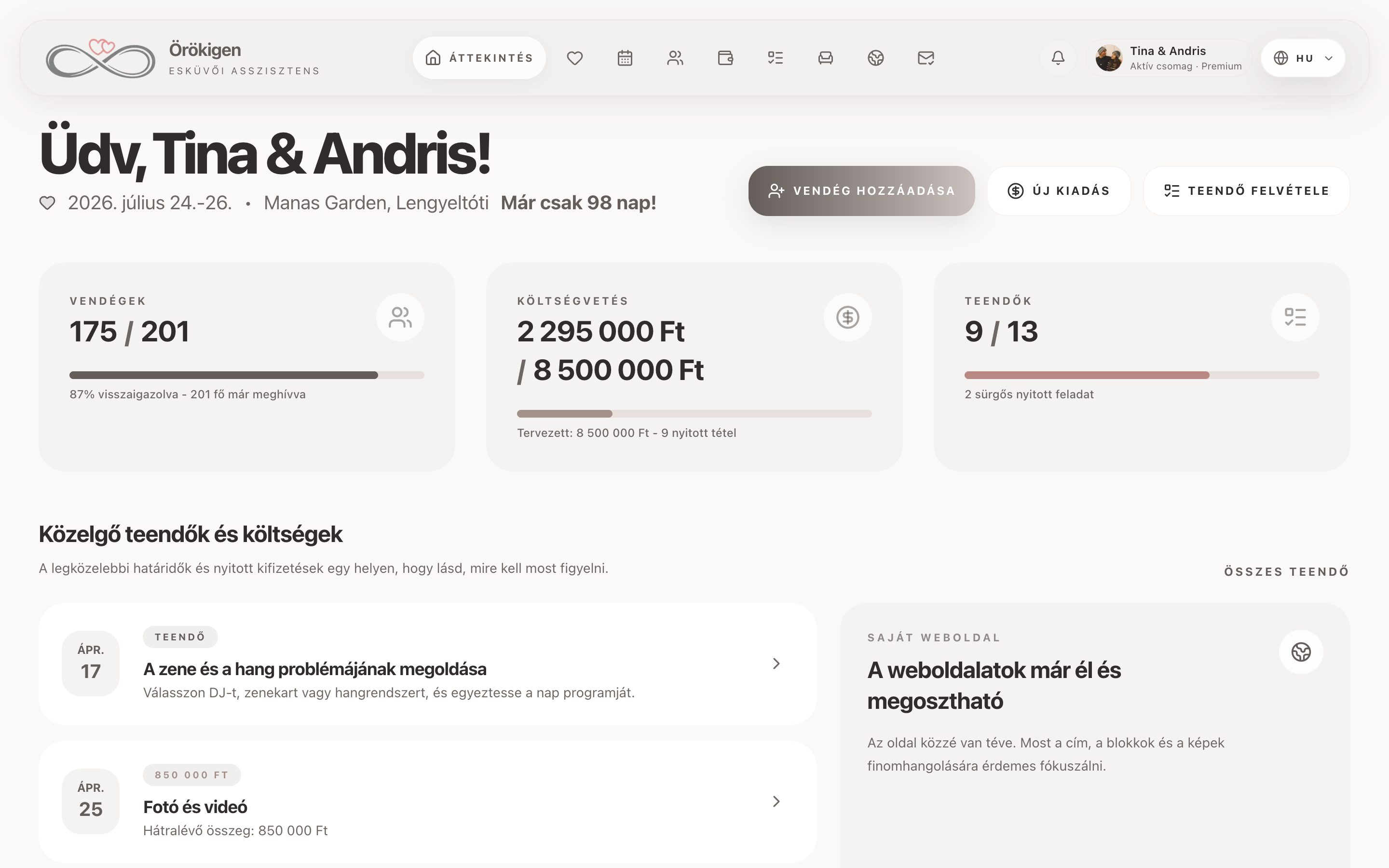 Az Örökigen esküvőszervező áttekintő dashboardja