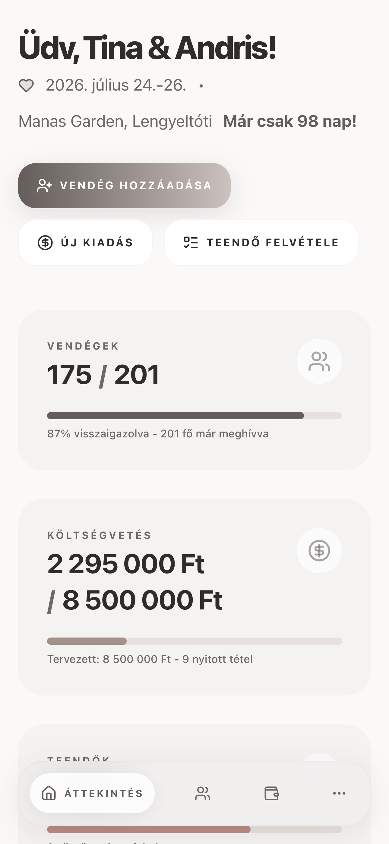 Az Örökigen esküvőszervező mobil áttekintő dashboardja